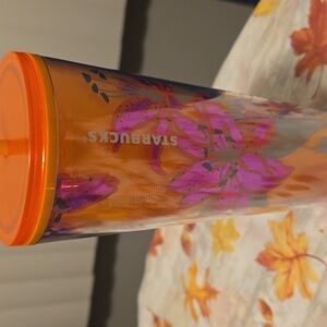 Starbucks Orange Tumbler with Purple Floral Design